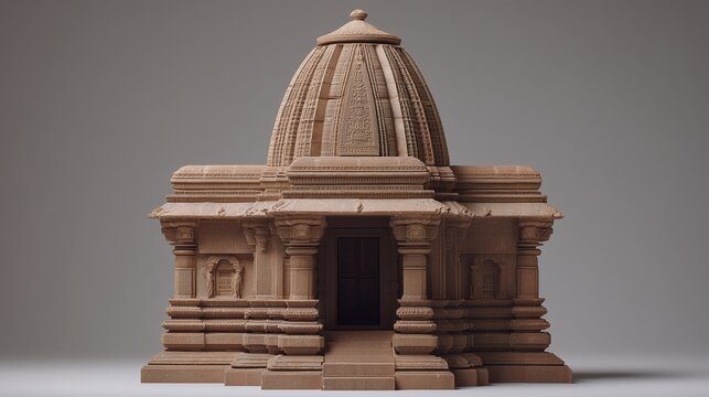 3D model of single-shikhara Nagara Hindu temple in polished sandstone with smooth curvilinear spire, pillared porch, decorative motifs and elevated platform against soft gray backdrop.