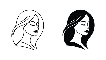 Woman profile portrait with closed eyes in minimalist outline and solid black silhouette style for beauty and wellness branding elements © Silver