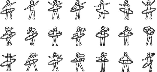 Fitness and Recreation Hula Hoop Outline Line Art Icons Set. Women Exercising with Hoops for Health, Sport, and Active Lifestyle Pictograms. © pixsource