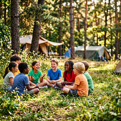 Fototapeta premium Group of children laughing and playing games in forest campground 