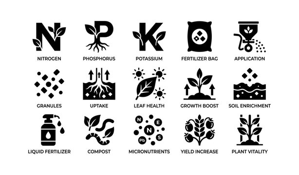 Fertilizer and nutrient icons illustrating plant growth benefits