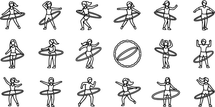 Hula Hooping Line Art Icons. Outline Vector Set of People Exercising with Hula Hoops for Fitness, Sport, Health, and Recreation Activities.