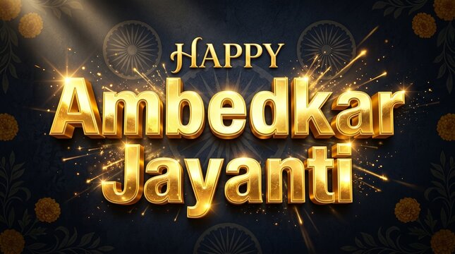 Happy Ambedkar Jayanti Celebration Banner - Golden 3D Typography with Ashoka Chakra and Marigold Flowers on Dark Background Vector Illustration