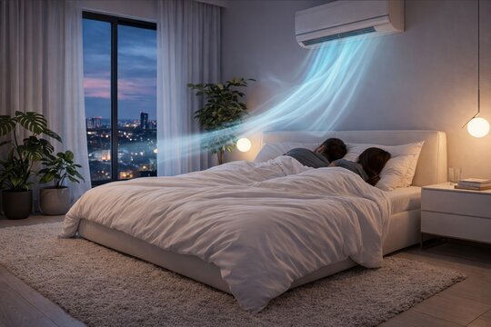 Couple sleeping in bed under air conditioner with visible cool airflow in modern bedroom at night.