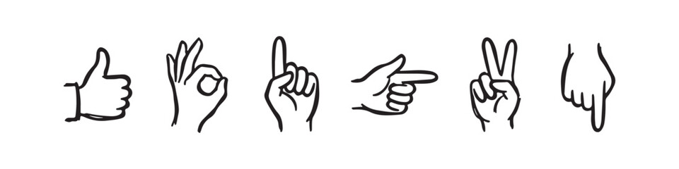 Obraz premium Vector icons of various hand gestures in a clean, hand-drawn outline style. The set includes a thumbs up, OK sign, pointing index finger, a pointing hand, a hand pointing downward, and a hand pointing