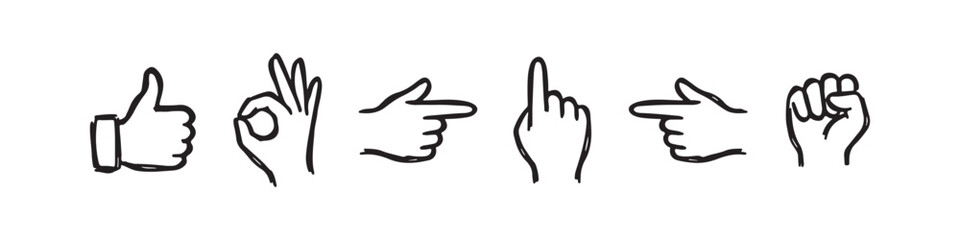 Obraz premium Vector icons of various hand gestures in a clean, hand-drawn outline style. The set includes a thumbs up, OK sign, pointing index finger, a pointing hand, a hand pointing downward, and a hand pointing