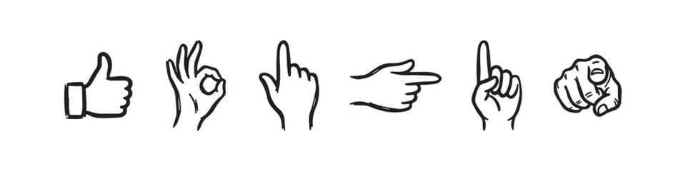 Obraz premium Vector icons of various hand gestures in a clean, hand-drawn outline style. The set includes a thumbs up, OK sign, pointing index finger, a pointing hand, a hand pointing downward, and a hand pointing