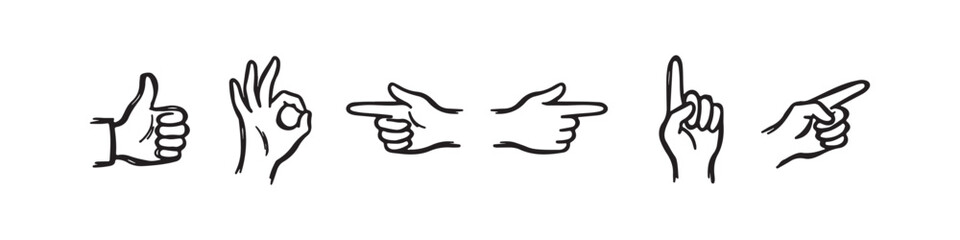 Obraz premium Vector icons of various hand gestures in a clean, hand-drawn outline style. The set includes a thumbs up, OK sign, pointing index finger, a pointing hand, a hand pointing downward, and a hand pointing
