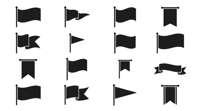 Black Flag Silhouette Vector Set Featuring Waving Pennants, Banner Shapes, and Decorative Marker Flags for Labels, Events, and Design Projects