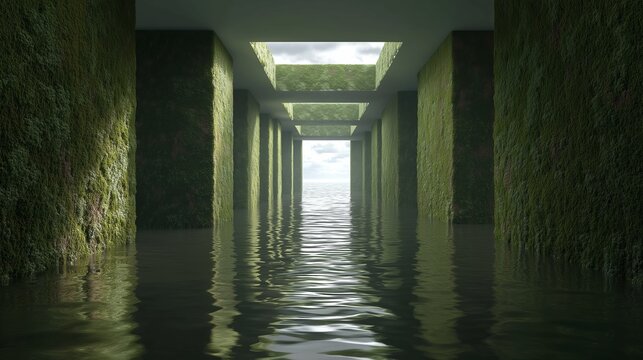 Futuristic moss corridor flooded with calm water and open ceiling skylights, minimalist eco architecture inspired by nature and tranquility
