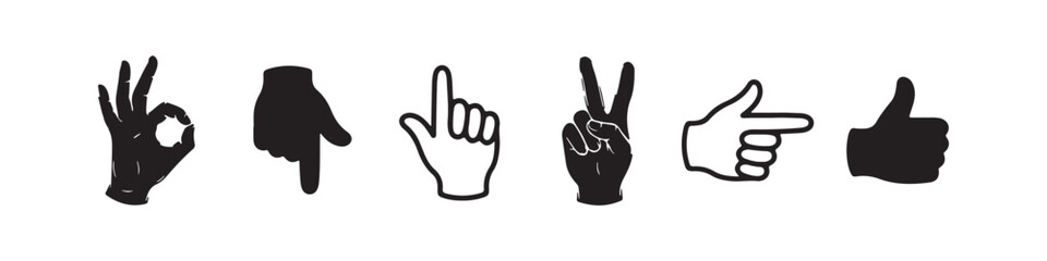 Obraz premium Vector icons of various hand gestures in a solid black silhouette and bold outline style. The set includes a pointing finger, an OK sign, a peace/victory sign, a thumbs up, a pointing hand, and a hand