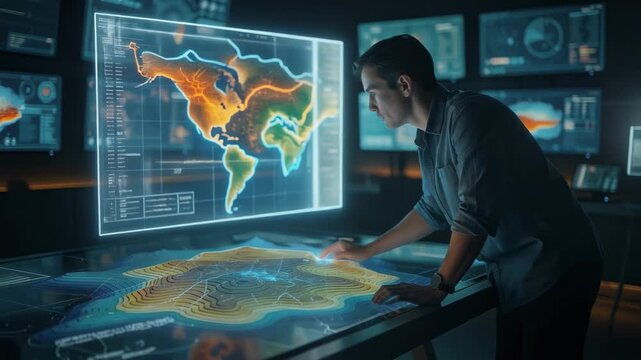 Focused person interacting with glowing topographic map in futuristic high tech control room
