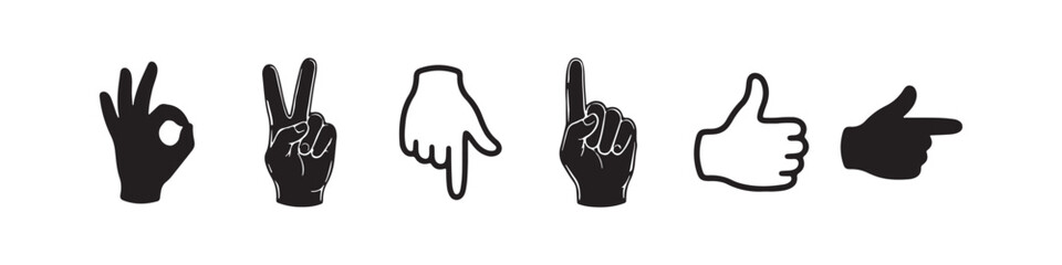 Fototapeta premium Vector icons of various hand gestures in a solid black silhouette and bold outline style. The set includes a pointing finger, an OK sign, a peace/victory sign, a thumbs up, a pointing hand, and a hand