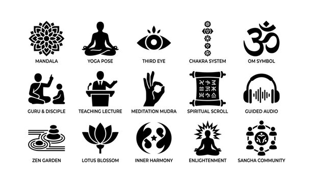 Meditation and spiritual icons showing yoga symbols on white grid