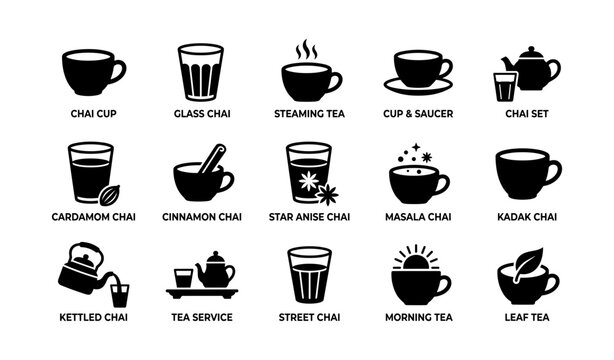 Tea and chai icons displaying variety labels on white grid