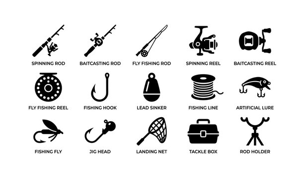 Fishing icons showing rods, reels and tackle equipment