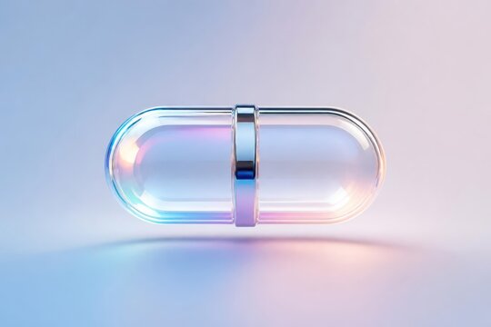 Futuristic translucent capsule pill with iridescent glow on soft gradient background in clean minimal 3D render