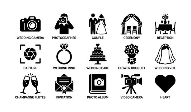 Wedding icons showing ceremony, reception and celebration symbols