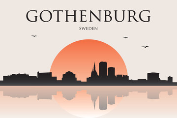 Fototapeta premium Minimalist contemporary Japanese-style drawing of a half sun skyline with water reflection poster panorama of GOTHENBURG, SWEDEN