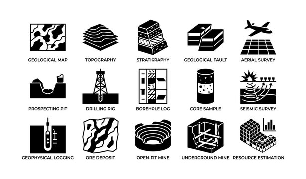 Geology and mining icons displaying map and survey symbols