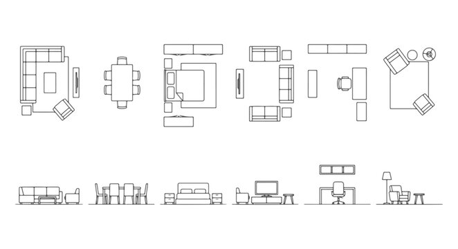 Architectural Interior Furniture Layouts and CAD Blocks Collection Featuring Top View Floor Plans and Side Elevations of Living Room, Dining Area, Bedroom, Home Office, and Lounge Vector Outlines