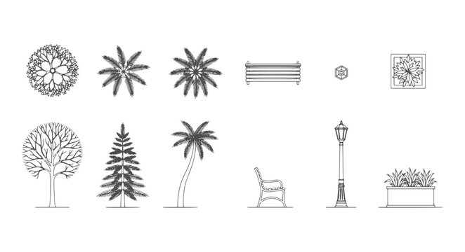 Architectural Landscape Design Elements and CAD Blocks Collection with Top View Plan and Side Elevation of Deciduous Trees, Pine, Palm, Garden Bench, Streetlight, and Planter Box Vector Outlines