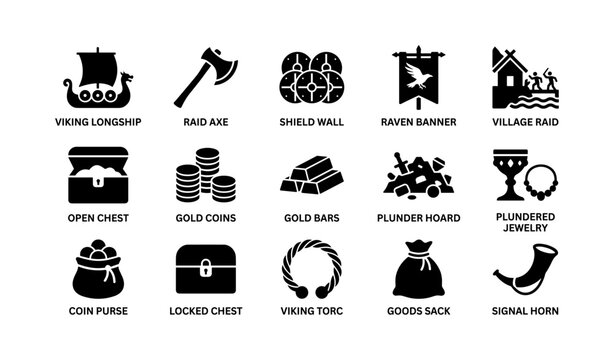 Viking raid and plunder icons arranged in grid on white background