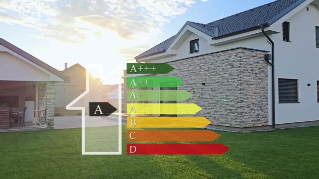 Modern house with animated energy efficiency scale from D to A rating. Sustainable home and eco performance concept. A class