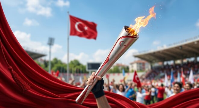 A hand holding a flaming torch featuring the Turkish crescent and star at a stadium. A celebratory scene for May 19th Commemoration of Ataturk, Youth and Sports Day with the national flag.