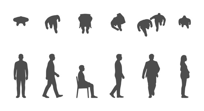 Collection of Solid Black Silhouette Architectural Scale Figures in Top Down Plan and Side Elevation View for Visualizations