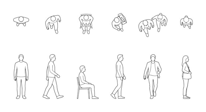 Large Set of Vector Outline Architectural Scale Figures in Plan and Elevation View for CAD Drawings and 2D Renderings