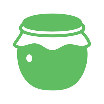 Green jam jar with a white lid and a circular highlight sits on a white background