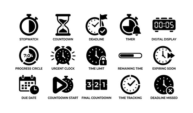 Time and timer icons representing clocks and countdowns on white