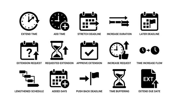 Deadline and time extension icons arranged on white background