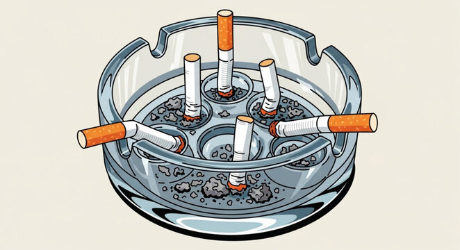 Close-up of Glass Ashtray Filled with Cigarette Butts.