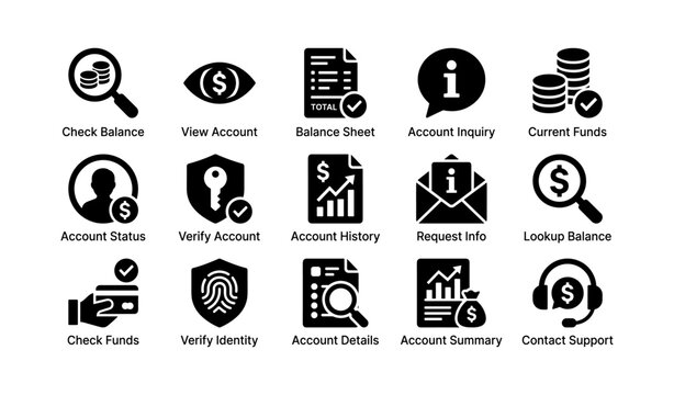 Banking icons for account management and balance actions