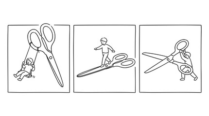 Obraz premium A lighthearted illustration showing children engaging with oversized scissors, symbolizing creativity, exploration, and the playful interaction with art tools in an imaginative manner.