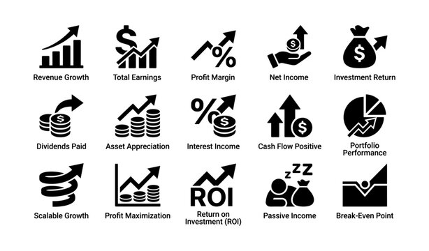 Finance and growth icons showing profit and income concepts in grid