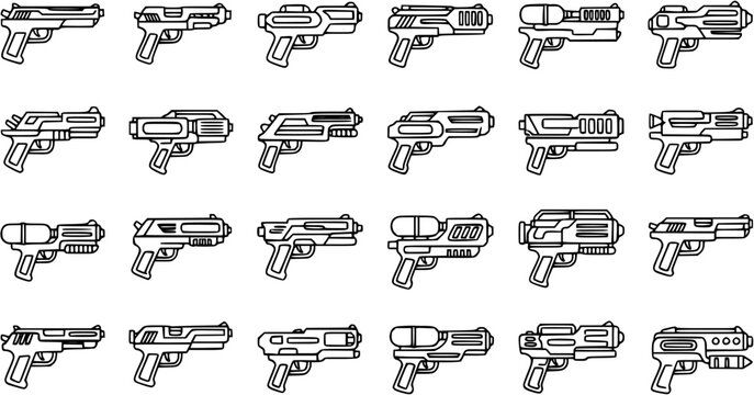 Futuristic Handgun Icons Set, Sci-Fi Pistol Line Art, Vector Weapon Collection