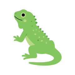 Fototapeta premium Cute cartoon iguana stands on a white background with its head held high