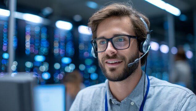 Customer Service Representative Wearing Headset in Data Center