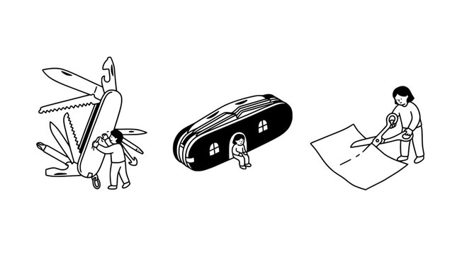 Illustrated is a child at a giant multi-tool, embodying creativity and versatility, presented in a clean line art style that emphasizes playful exploration and resourcefulness.