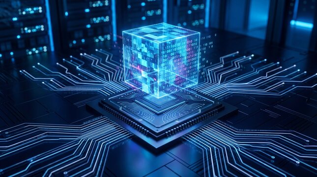 Futuristic processor core with holographic display in a high-tech data center digital art cyber environment aerial perspective