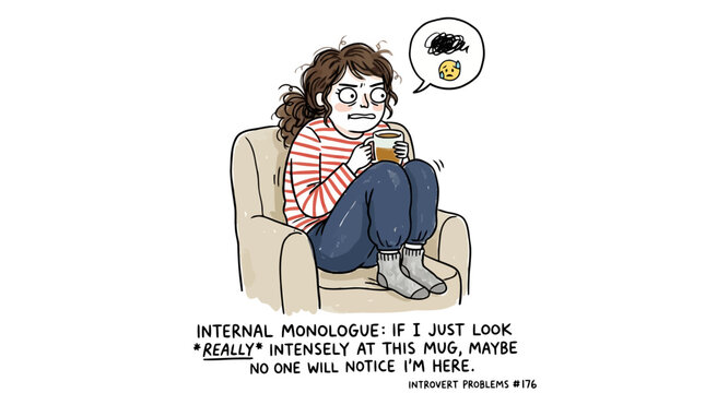 Introverted woman staring intensely at mug to avoid being noticed.
