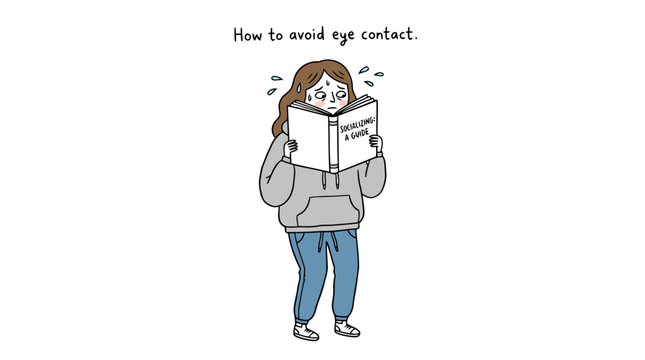 how to avoid eye contact, anxious woman reading socializing guide book, introvert struggling with eye contact.