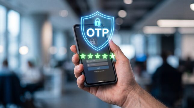 Realistic human hand holding a smartphone displaying otp security shield modern office digital security concept close-up view