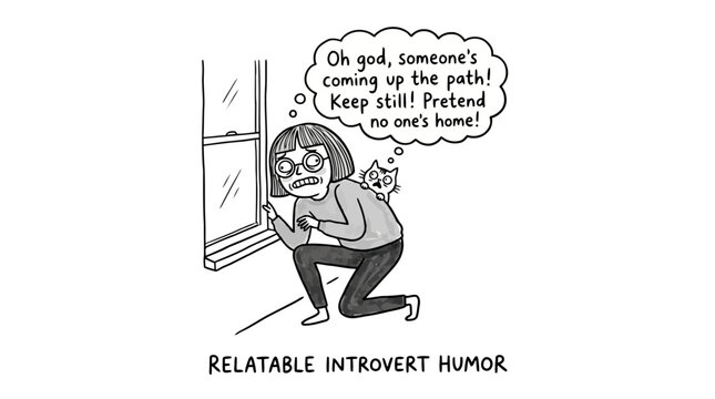 Introvert hiding from person approaching, pretending not to be home.