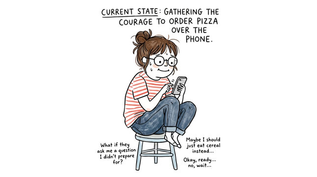 Introvert gathering courage to order pizza over phone with anxiety.