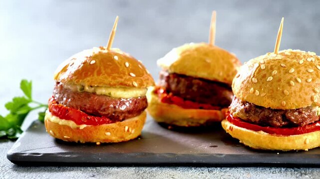 gourmet mini burgers sliders with sesame seeds buns on black slate board