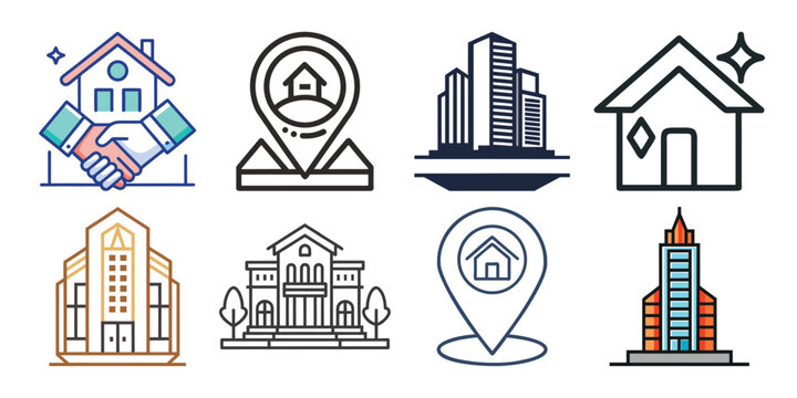 Real estate icons set houses buildings handshake and location pins